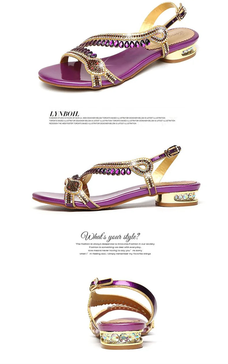 High-grade Rhinestones Fashion New Women's Summer Young Elegant Sandals Thick Heel Leisure Flat Bottomed Beach Sandals
