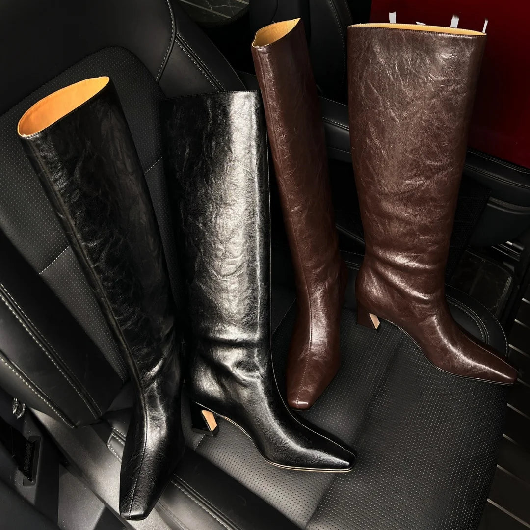 Genuine Leather Knee-High Boots – Square Toe Stiletto Slip-On