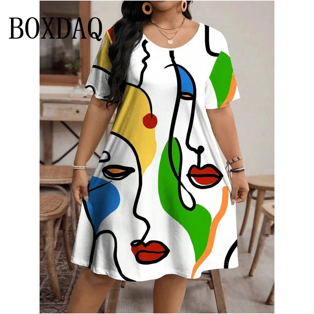 Abstract Face Art Print Dress – Short Sleeve Loose Casual Plus Size 1XL–9XL