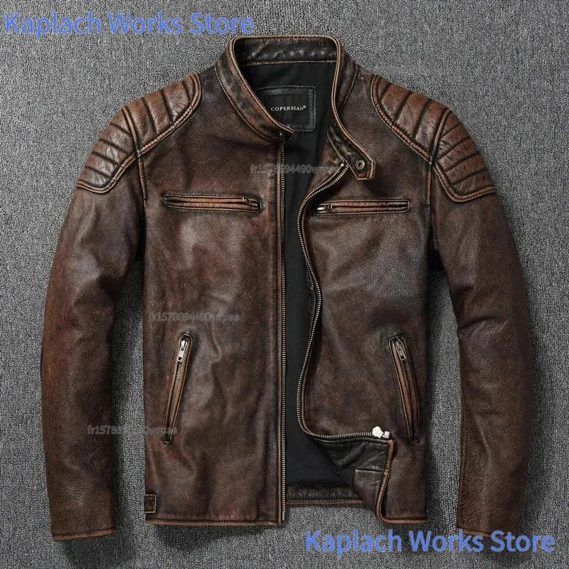 IRON HIDE - Men's 100% Genuine Cowhide Motorcycle Jacket - Stand Collar Biker Leather Coat Plus Size
