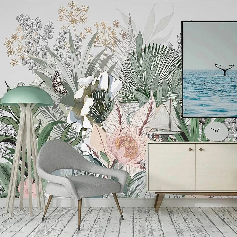 TROPICAL MURAL WALLPAPER - Custom Size - Hand-Painted Foliage