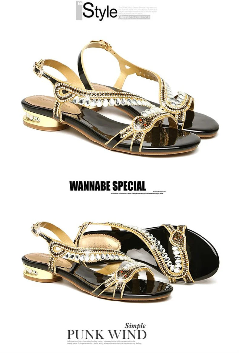 High-grade Rhinestones Fashion New Women's Summer Young Elegant Sandals Thick Heel Leisure Flat Bottomed Beach Sandals