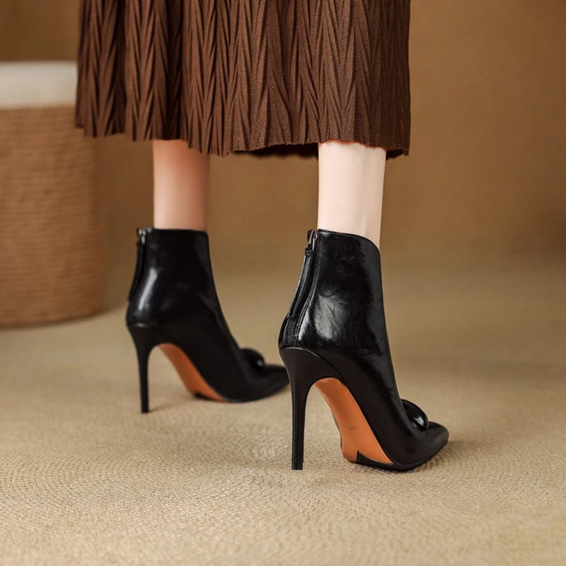 Genuine Leather Pointed Toe Stiletto Ankle Boots