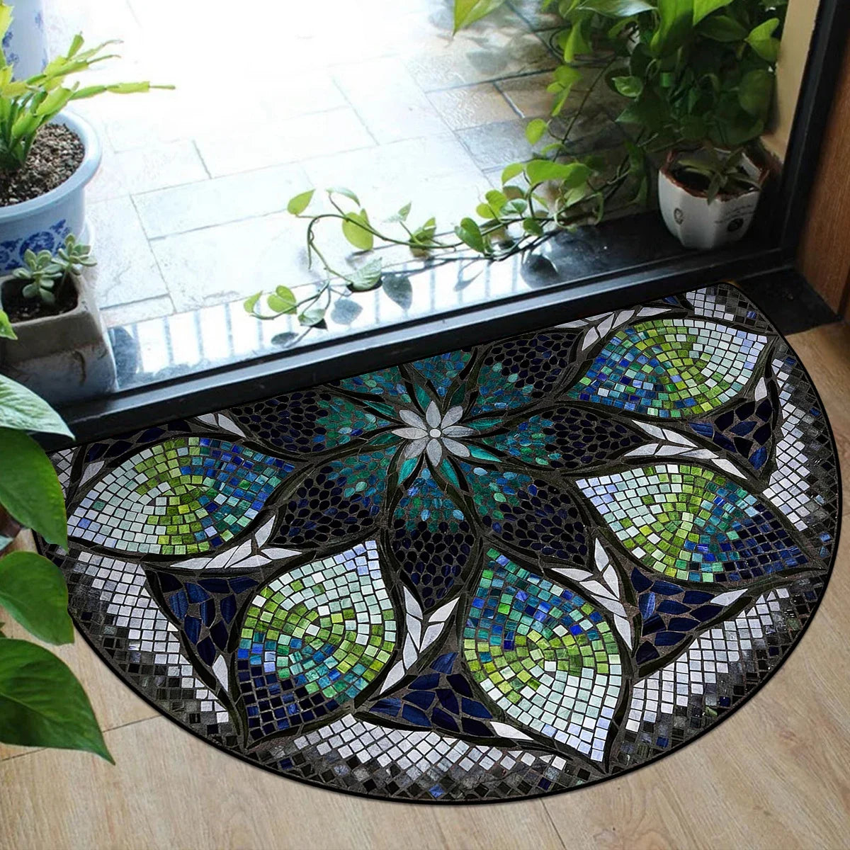 FLORAL SEMI-CIRCLE DOORMAT - Short-Loop Polyester, 8 Patterns & 9 Sizes - Soft Entries