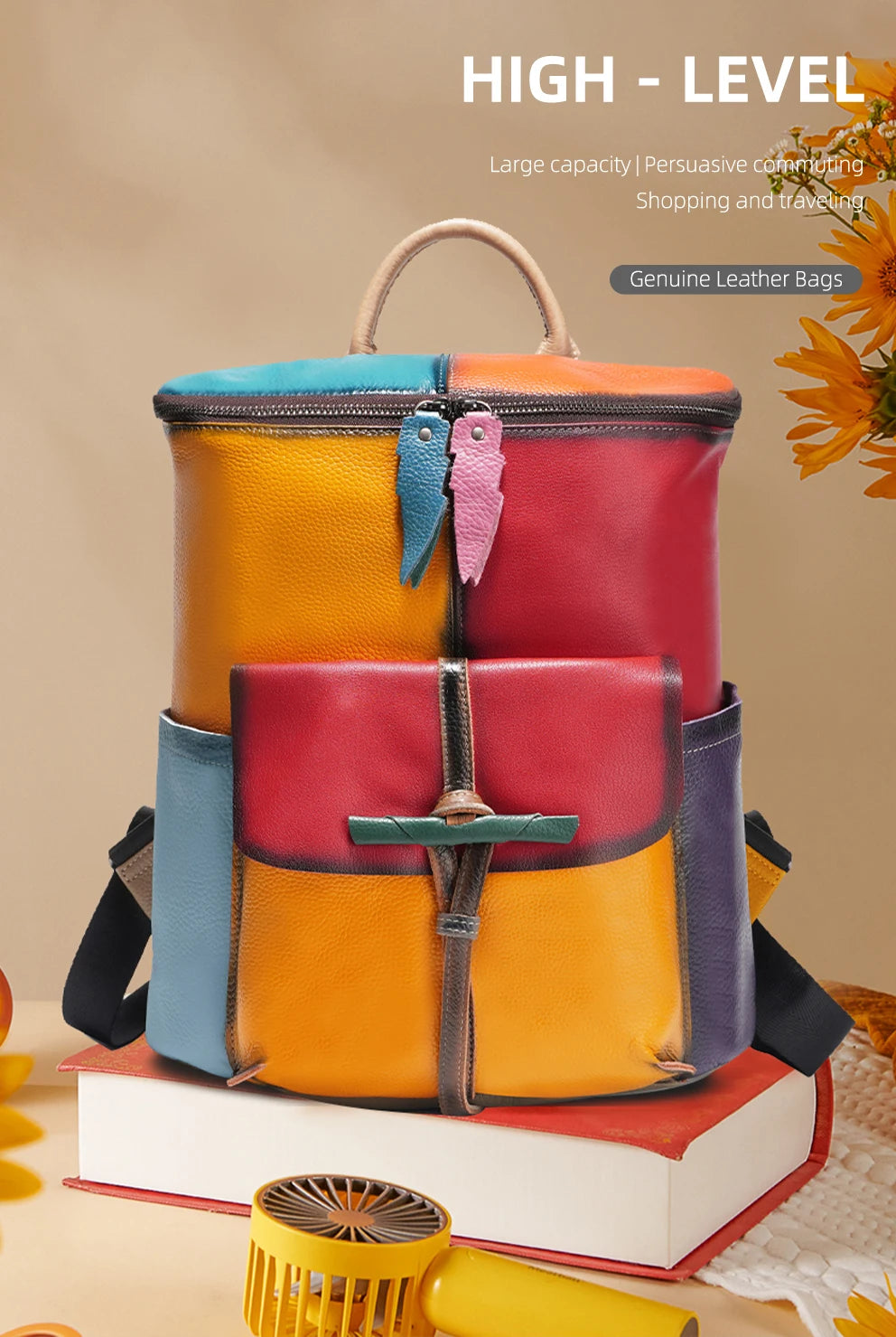 Patchwork Soft Cow Leather Backpack Rainbow Multicolor Large