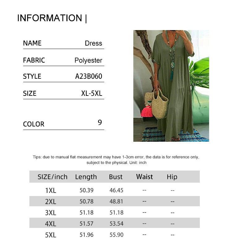 Plus Size 2025 Summer New V-neck Short Sleeve Pleated Solid Color Loose Casual Midi Dress Basic Hem Pleated