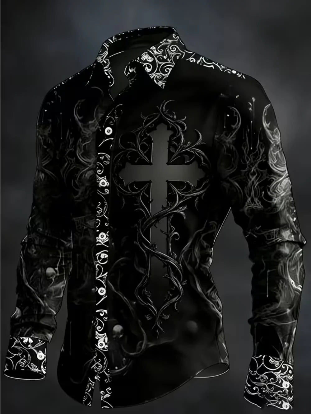 Gothic Skull Cross Shirt Men Long Sleeve Red Plaid 3D Print