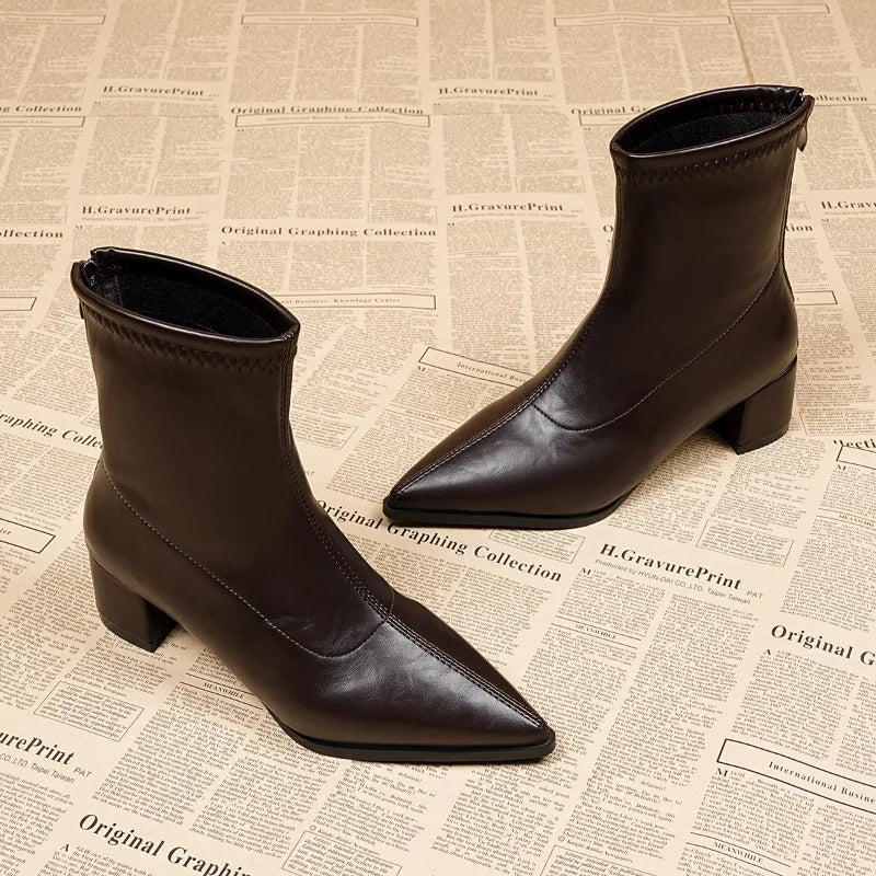 Vintage Ankle Boots – Thick Square Heel Pointed Toe Zip