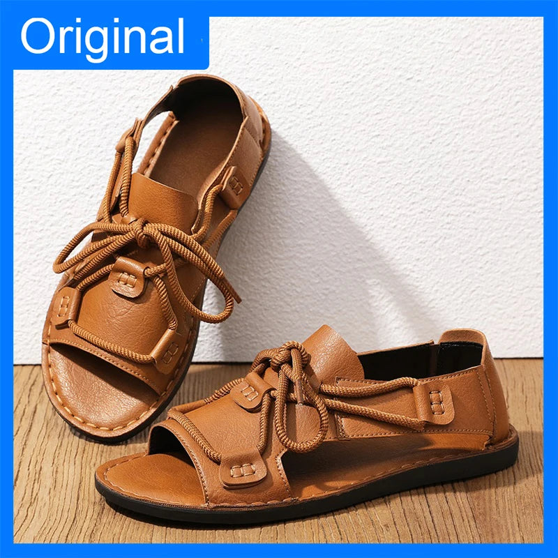 Sandals Summer Fashion Leather Comfortable Flat Roman Sandals Soft Quick Drying 2026 New Outdoor Casual Beach Shoes Men