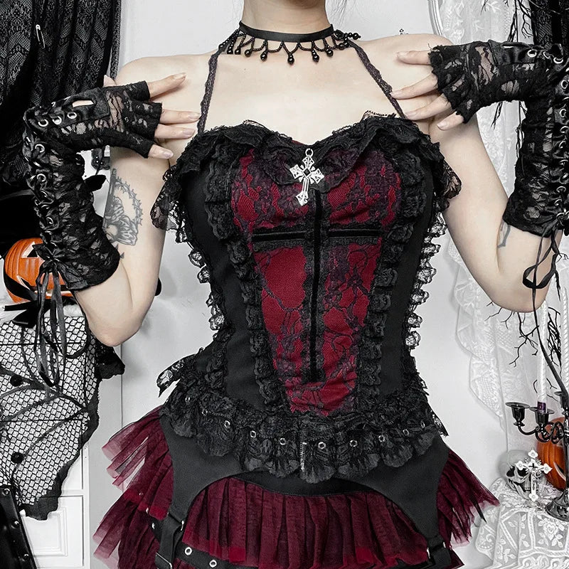 Unholy Lace Halter - Black Goth Corset Top With Cross And Red Velvet