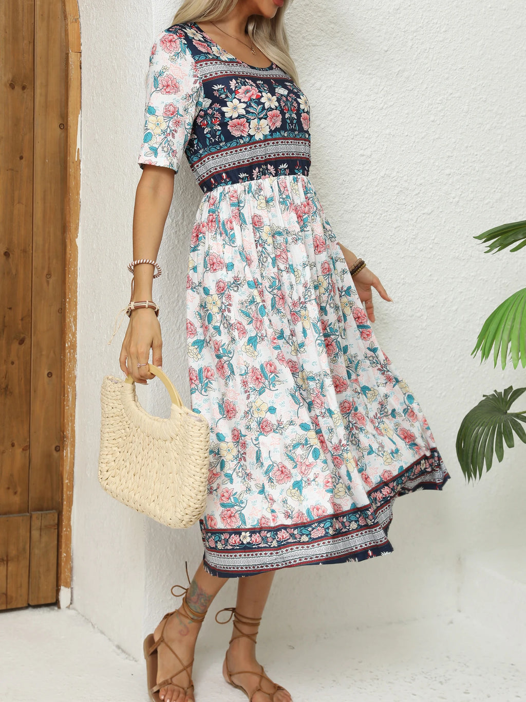 2024 Europe and America autumn ladies round neck short sleeve long skirt Bohemian print dress woman