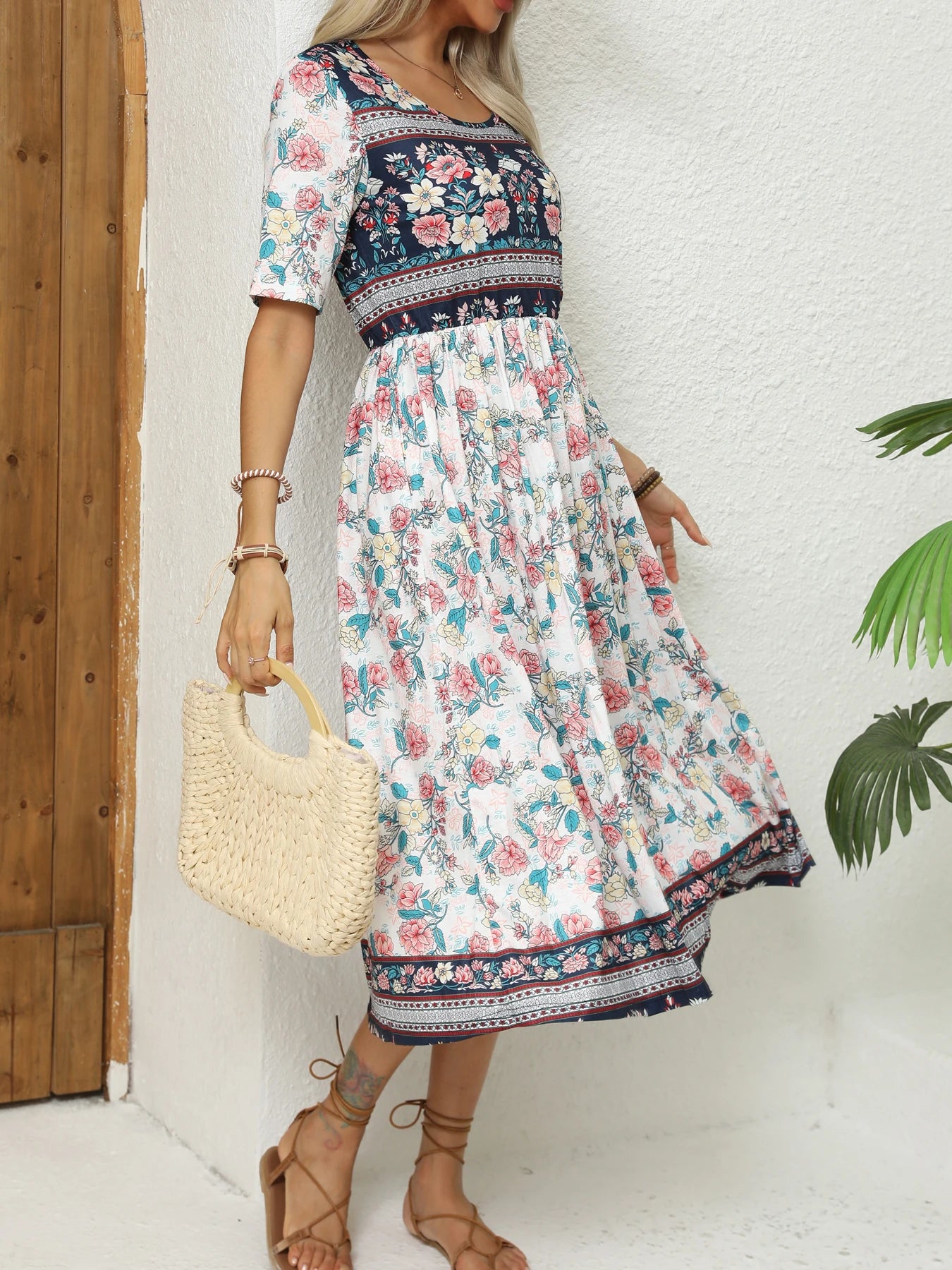 2024 Europe and America autumn ladies round neck short sleeve long skirt Bohemian print dress woman