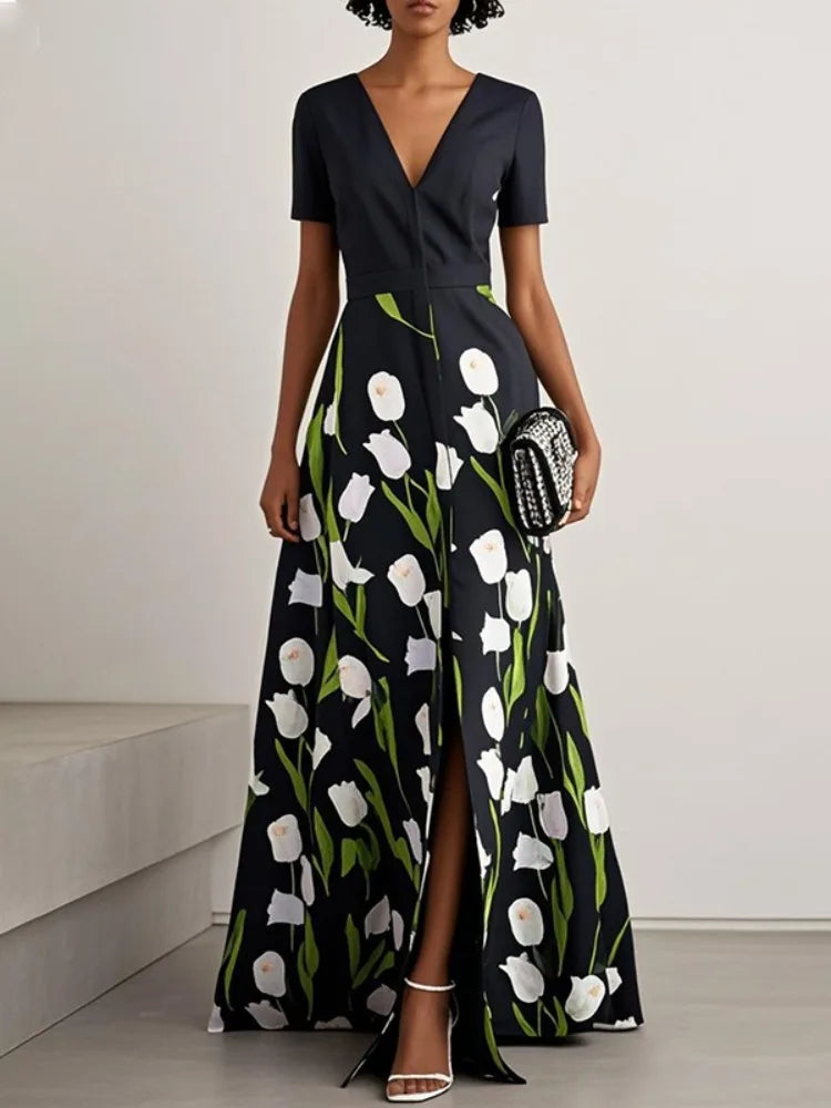Yeezzi 2025 New Women's Elegant Floral Printed V-neck Shirts Dress Short Sleeves Split-Front A-Line Party Evening Maxi Dresses