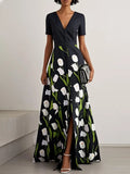 Yeezzi 2025 New Women's Elegant Floral Printed V-neck Shirts Dress Short Sleeves Split-Front A-Line Party Evening Maxi Dresses