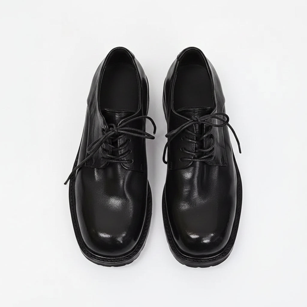 WASHED EDGE - Retro Square Toe Cowhide Derby Shoes - Thick Sole, Timeless Character