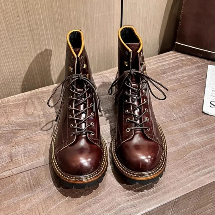 Men's Oil Wax Cowhide Leather Ankle Boots - Handmade Lace-Up Motorcycle British Style