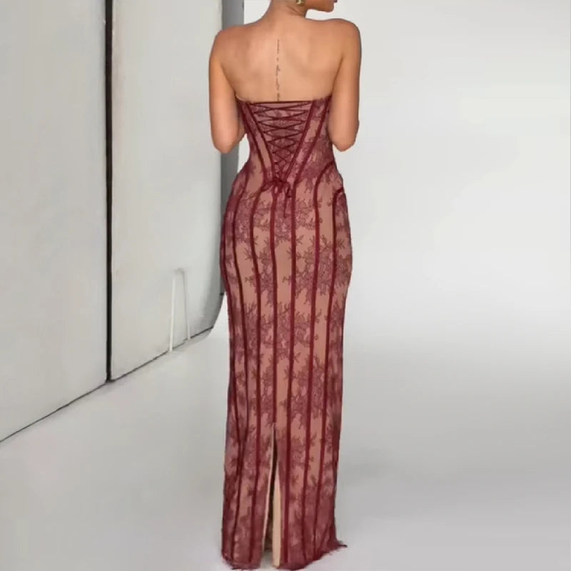 2026 Chic Gauze Fishbone Night Party Gown Elegant Off-shoulder Strapless Short Dress Women Lace Embroidery Shaping Maxi Vestidos