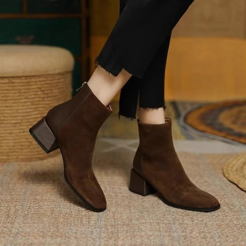 Faux Suede Boots – Round Toe Low Heel Back Zip Flannel Lined