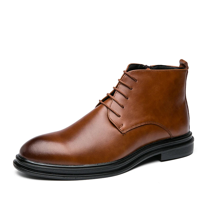 Men's Business Ankle Boots - Lace-Up Side Zipper PU Leather Round Toe Low Heel