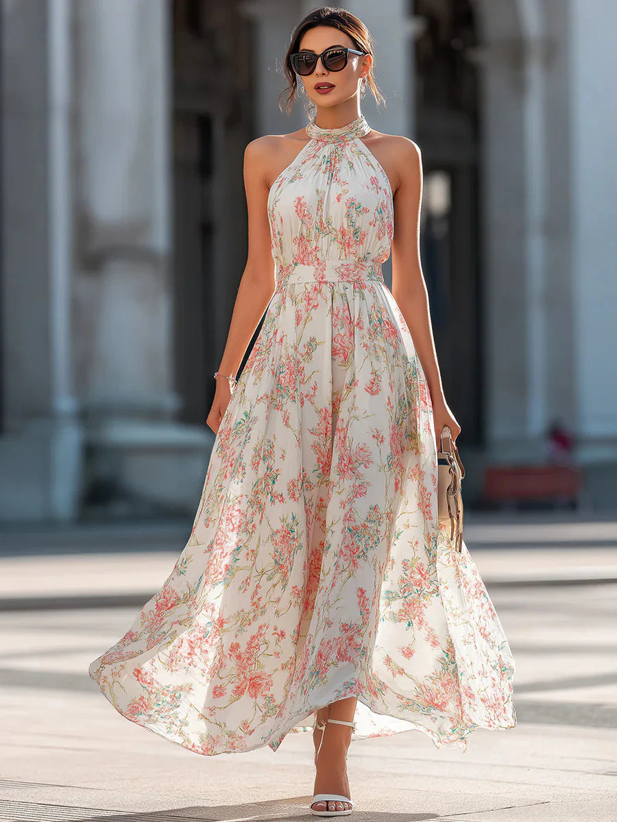 2026 Summer Women's New Style Halter Neck Floral Dress Women's French Style Waist Swing Dress
