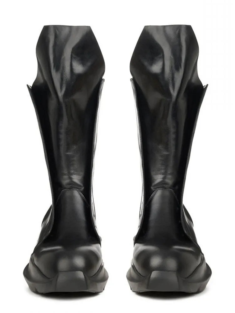 Men's Gothic Platform Mid-Calf Boots - Handmade Genuine Leather Zip Moto Dark Luxury