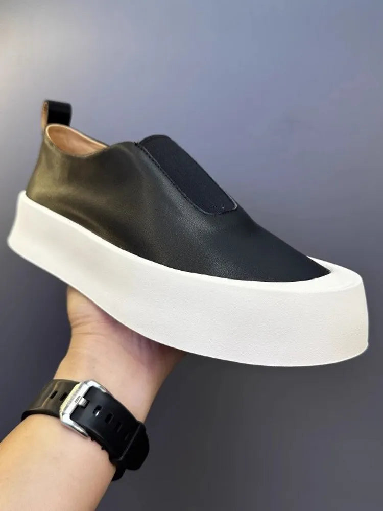 SKATE NOBLE - Men's Cowhide Leather Slip-On Loafers - Vintage Round Toe, Thick Platform
