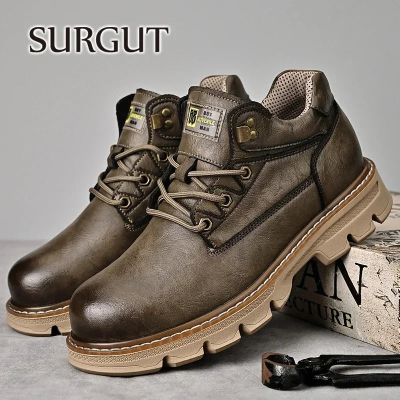 Men's Genuine Leather Motorcycle Ankle Boots - Retro Lace-Up Work Boots