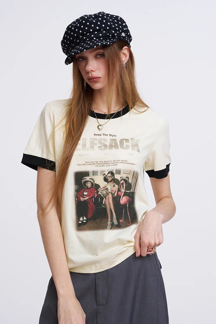 ELFSACK Women's Vintage Ringer T-Shirt with Photo Graphic Print, Retro Contrast Tee for Summer, Chic Aesthetic Short Sleeve Top