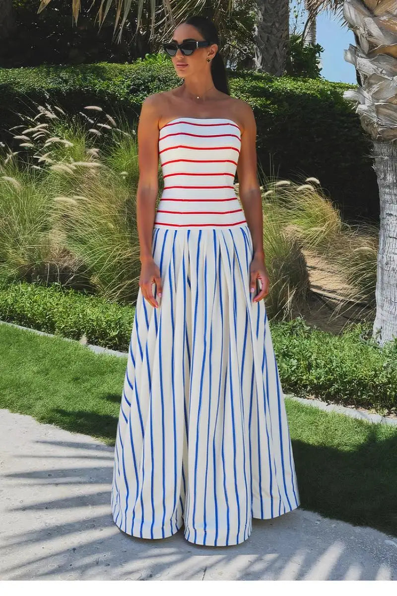 Women Bandeau Dresses Flaxmaker Sexy Off The Shoulder Sexy Striped Print Sling Maxi Dress Beach Sundress 2025