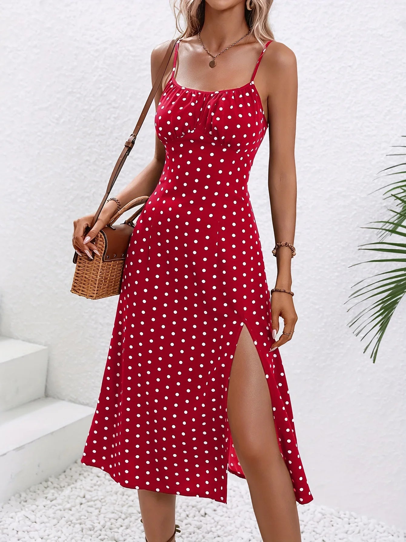 2024 Women's Floral Print Spaghetti Strap Summer Boho Beach Dress Print Elegant Suspenders Square Neck Slit Dress Vestidos