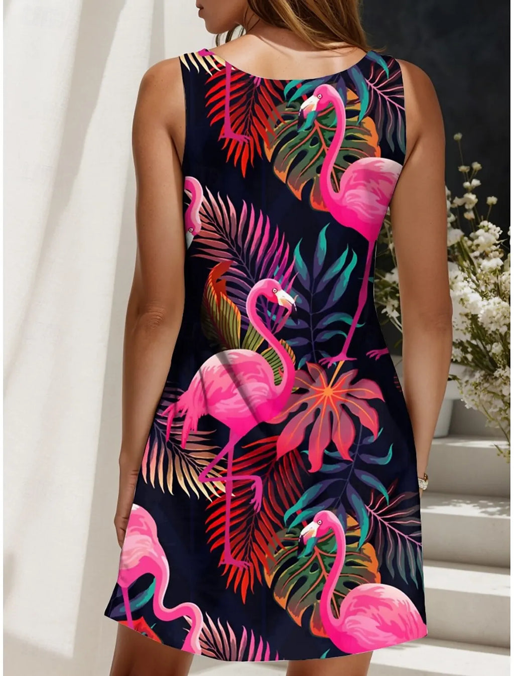 Women's Off Shoulder Sleeveless Crew Neck A-Line Dress,Bird Print,Magenta Pink Purple Orange, Casual Summer Beach Vacation Dress
