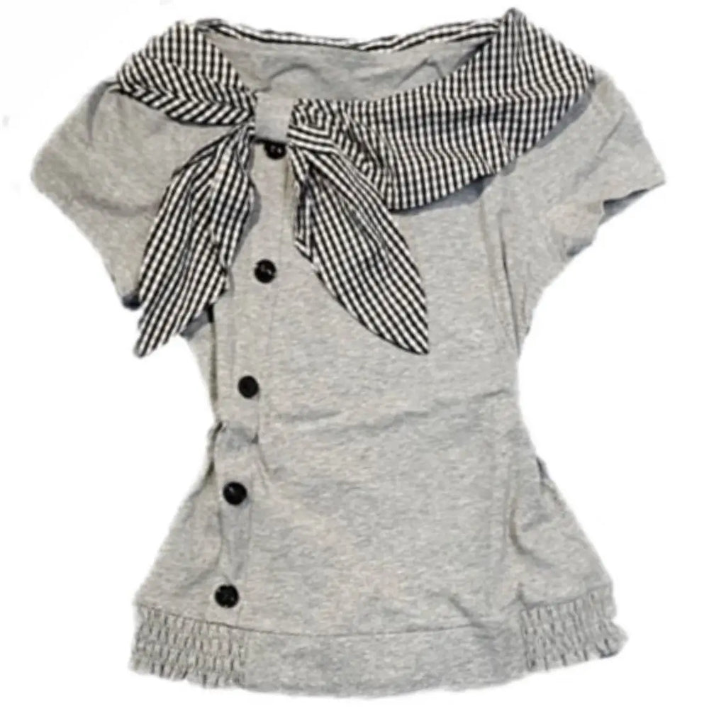 Onalippa 2025 American Retro Vintage Irregular Short Sleeved T-shirt Button Millennium Y2k Checkered Navy Collar Top Women