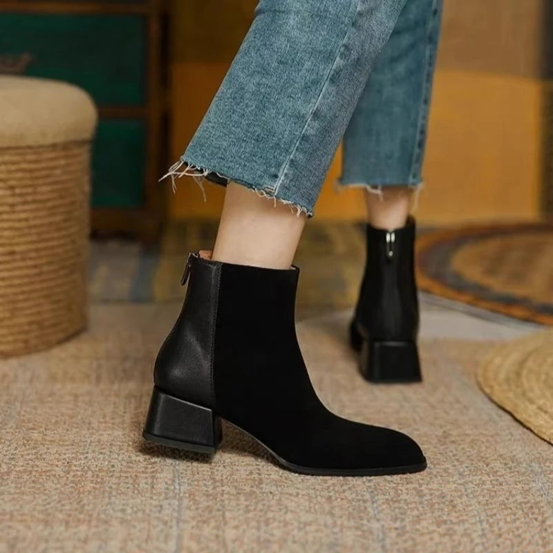 Faux Suede Boots – Round Toe Low Heel Back Zip Flannel Lined