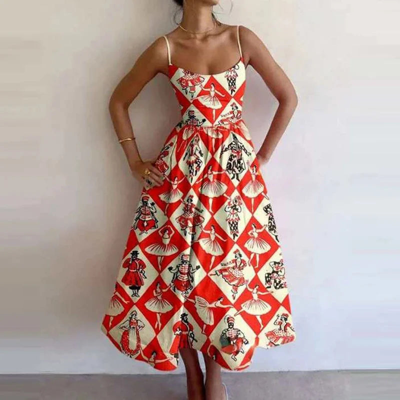 Retro Luxury Sardines Dress For Women Sexy Hand-Painted Printed Elegant Vest Summer 2025 Ladies Tight Chic Strap Long Dress