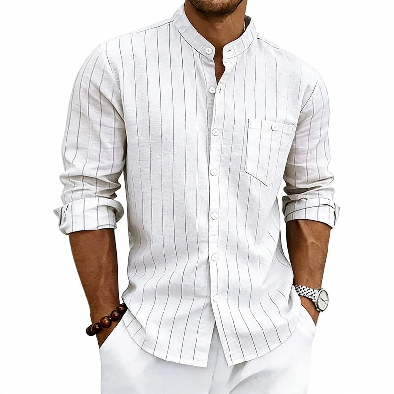 STRIPED LINEN JACQUARD SHIRT - Stand Collar, Loose Fit, Long Sleeve - Easy Days