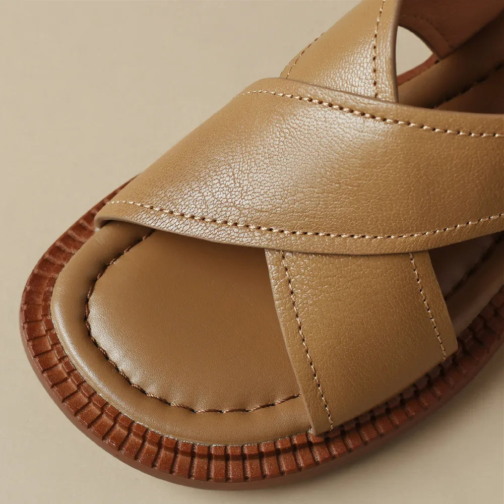 Women's flats sandals genuine leather cross strap open toe summer casual female footwear high quality soft comfortable plus size