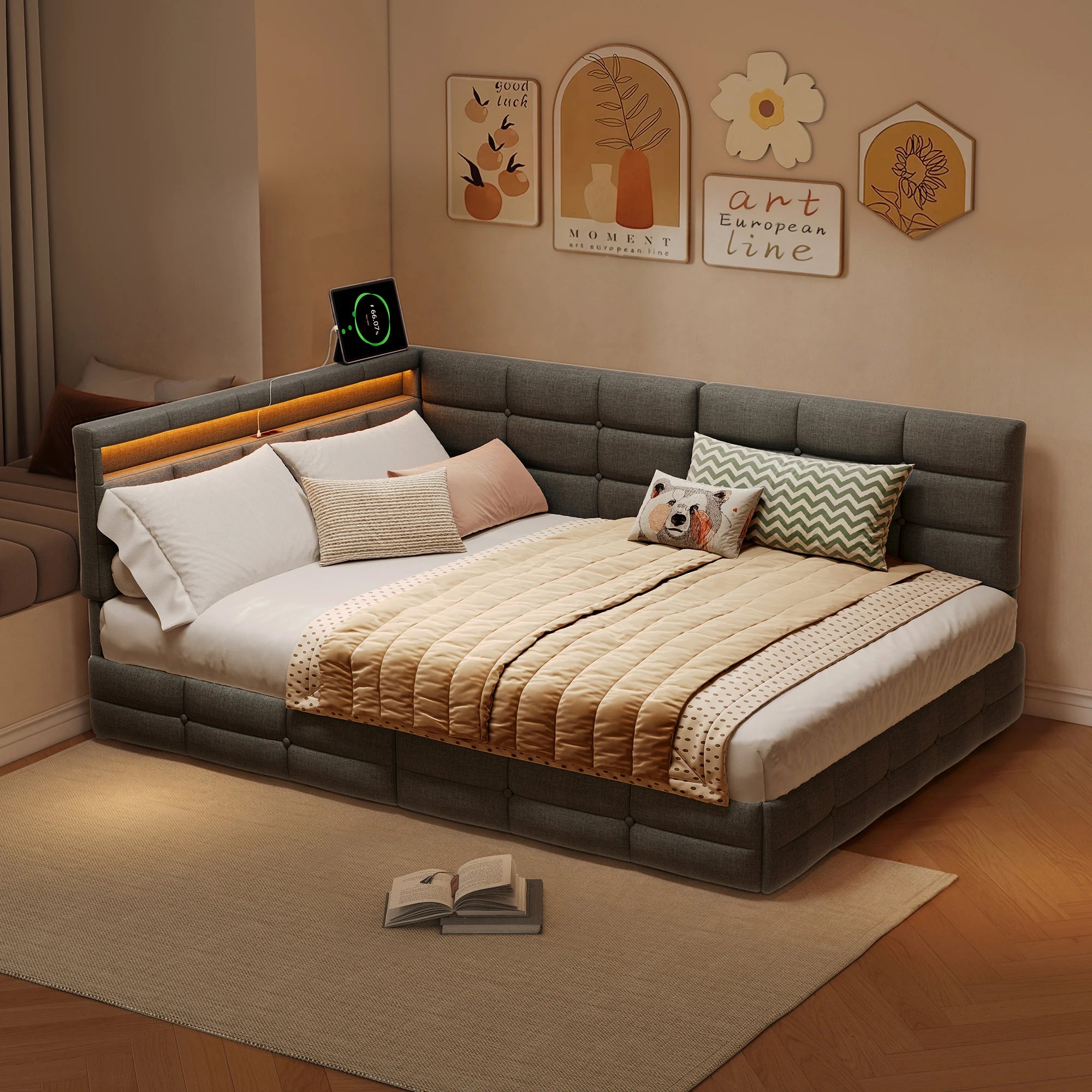 L-Shaped Upholstered Bed Frame – USB, LED & Storage