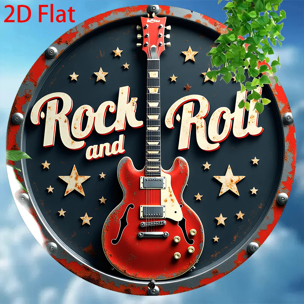 Rock 'n' Roll Tin Sign - Red Electric Guitar - Retro Wall Pop