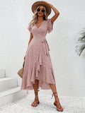 Summer Dresses for Women Sexy V Neck Short Sleeve Irregular High Waist Lace-up Flower Print Dress Casual Beach Dresses