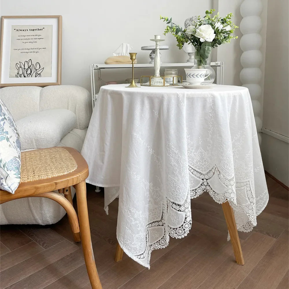 WHITE EMBROIDERED TABLECLOTH - 100% Cotton, Lace Detail - Elegant Tables