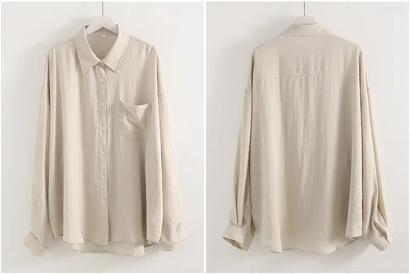 Streamgirl Summer White Linen Shirts For Women Oversized Long Sleeve Tops Lady Loose Basic Linen Tops Women Blue Shirts Oversize