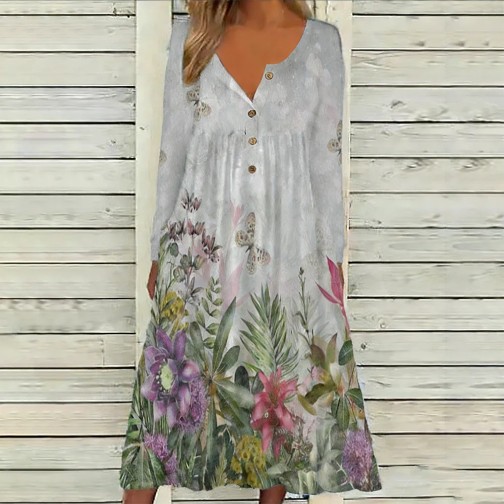 2026 Fall & Winter New Arrival Women's V-Neck Button Long Sleeve Dress Floral Print Loose Casual Midi Dress