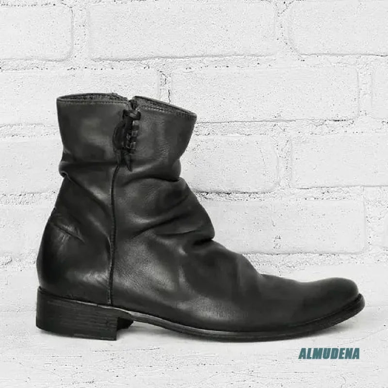WRINKLE NOIR - Men's Vintage Black Leather Ankle Boots - Side Zipper, Round Toe, Low Heel