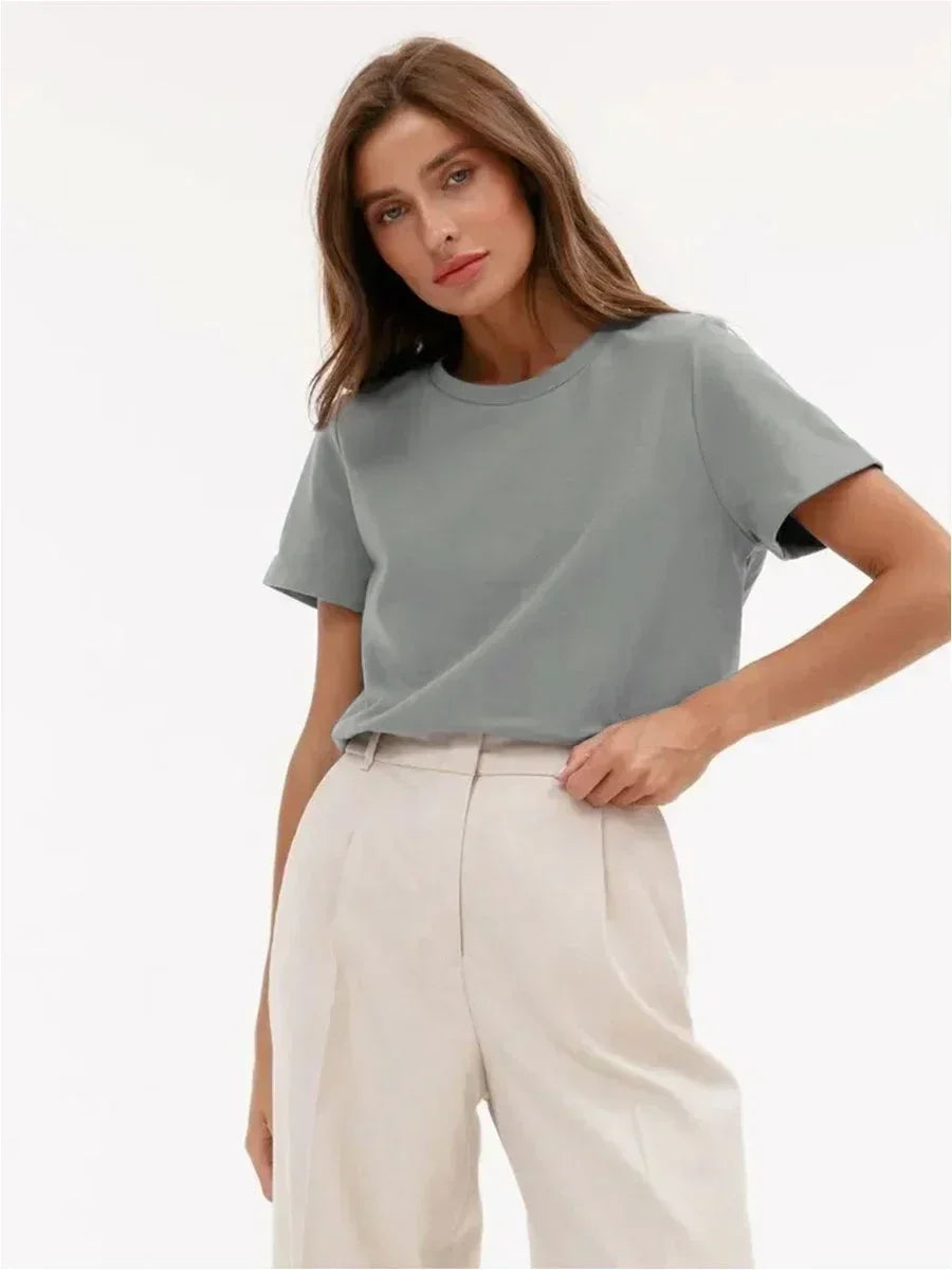 Bornladies Summer 100% Cotton Women's T-shirt Basic Fashionable Solid Lady Short Sleeve Loose Tops 230g/㎡