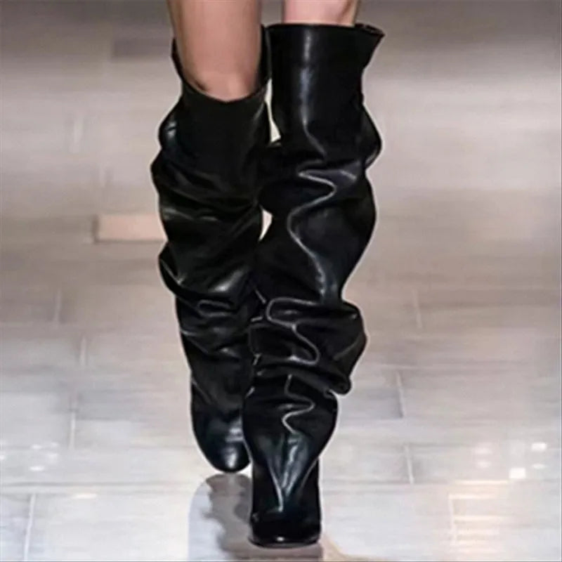 Thigh-High Pleated Boots – Fold Sleeve Stiletto Slip-On