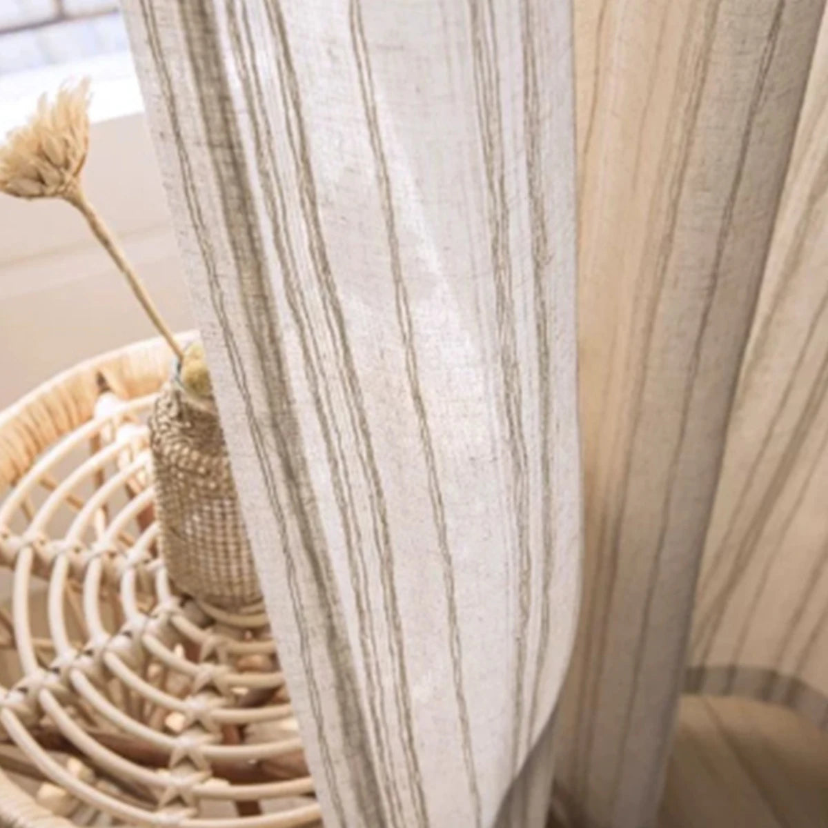 1PC Japanese Cotton Linen Curtain, Simple Filtered Light Stripe Design, Solid Color Hemp Texture, Hole-Processed, Suitable for L