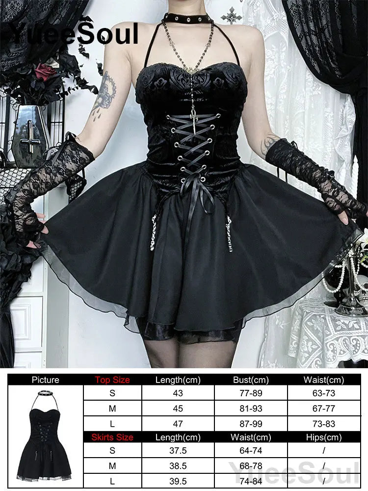 Grunge Gothic Women Dress Lace Trim High Waist Bodycon Mini Dress 2026 New E-girl Vintage Punk Harajuku Lolita Party Clothes