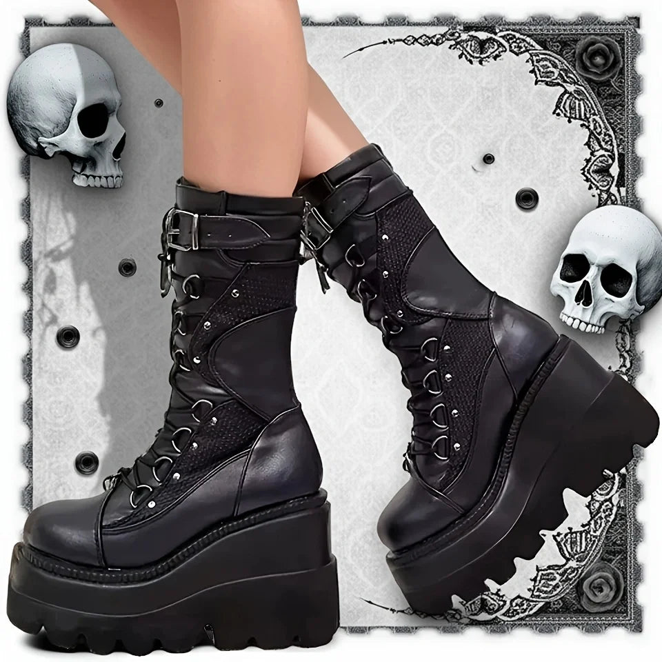 Rivet Buckle Punk Wedge Mid-Calf Boots – Goth Platform