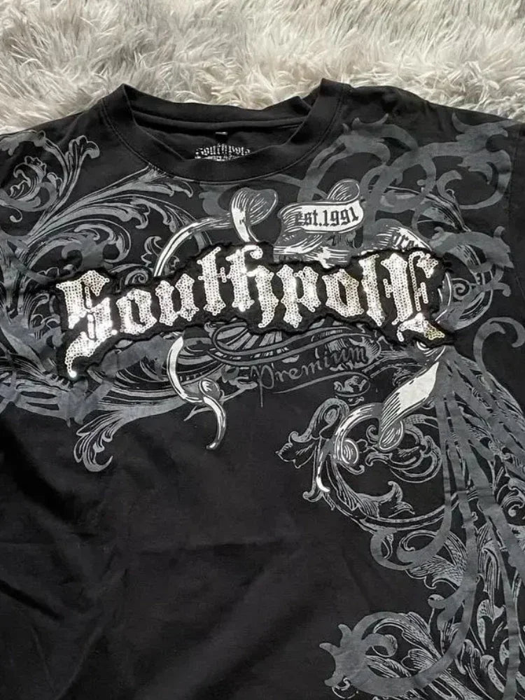 High Street Southpole Short Sleeve Women Y2K Graphic Print Oversized T Shirt Harajuku Gothic Round Neck Cotton Short Sleeve Tops