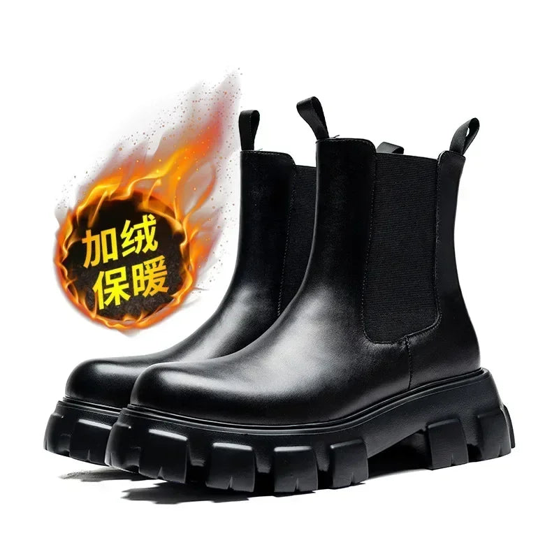 Men's Genuine Leather Platform Ankle Boots - Pointed Toe Zip Winter Boots British Style